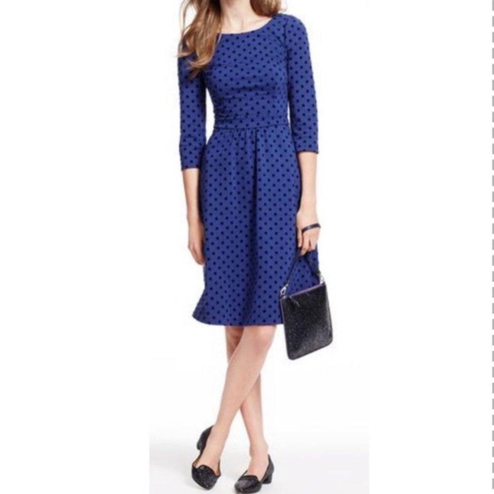 *Boden Blue Flocked Spot Ponte Knit Dress Size 6 WH734 Polka Dot Stretch